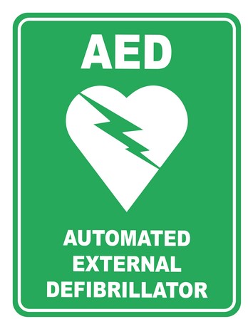 AED heart icon on green background, automated external defibrillator signage for sports safety.