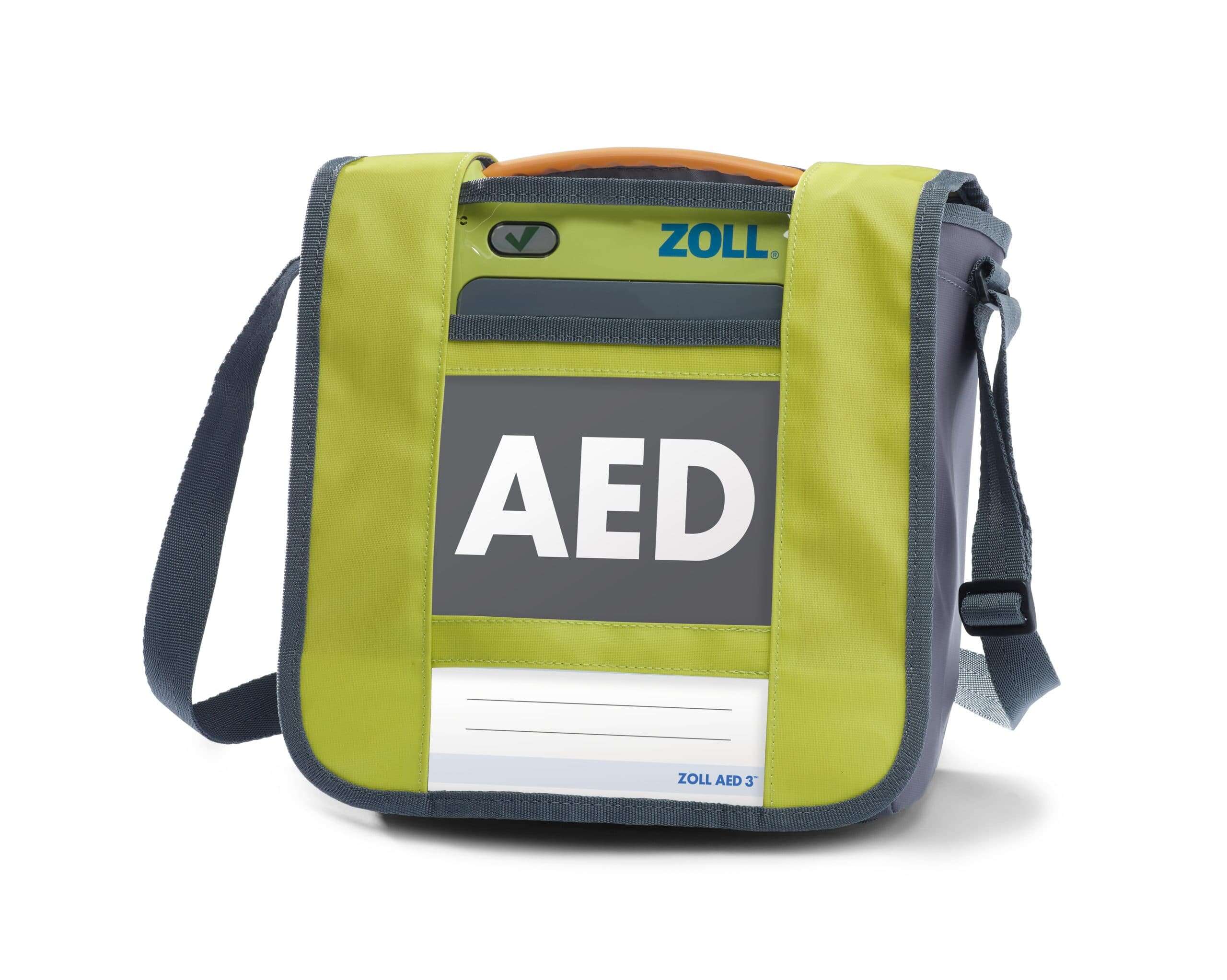 First aid kit for sport with AED and emergency medical supplies.