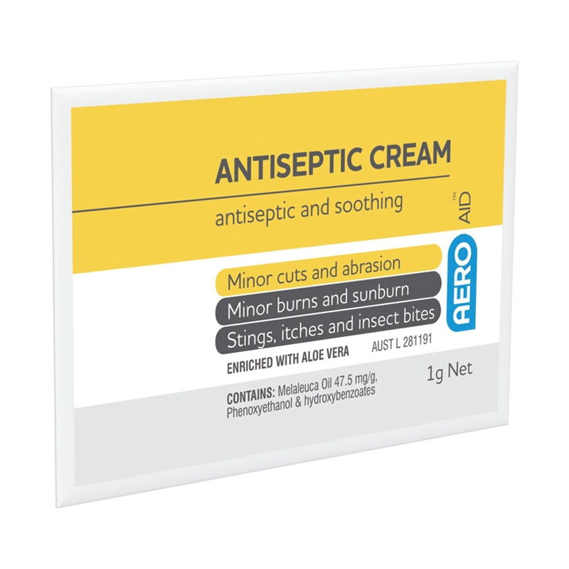 Antiseptic first aid cream for sports injury treatment, with aloe vera and sunburn relief.