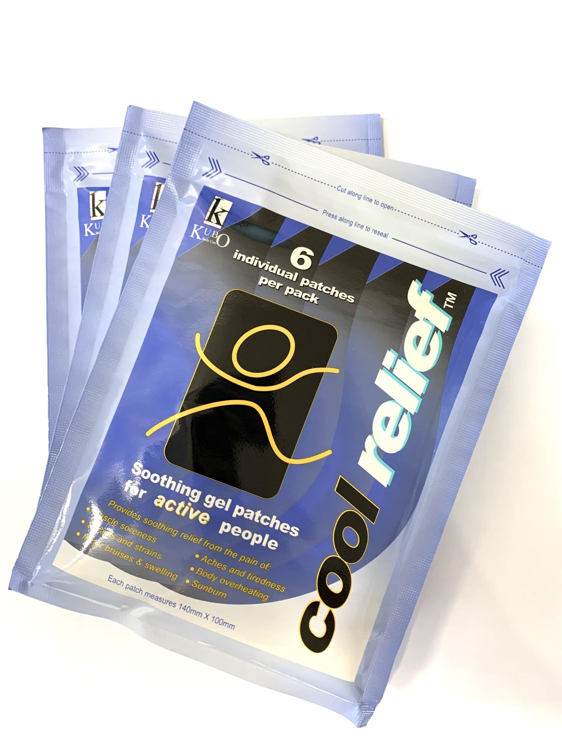 Cooling gel patches for sports injuries, relief for muscle soreness and strains.