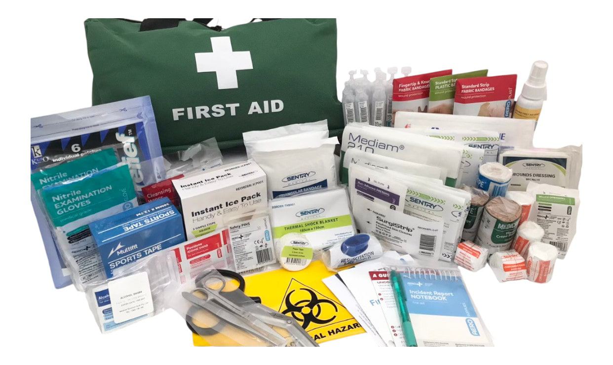 First aid kit for sports injuries with essential supplies for emergency medical response.