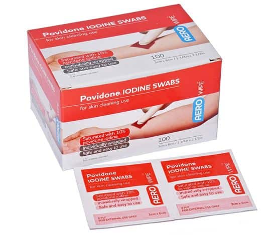 Povidone iodine swabs for first aid sports injuries, skin cleansing, and wound care.