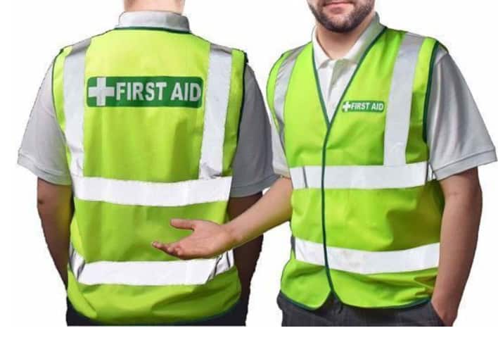 High-visibility first aid vests for sports emergency kits, promoting safety at athletic events.