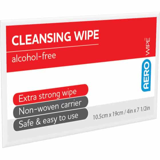 Extra strong alcohol-free first aid cleansing wipe for sports injuries, 10.5cm x 19cm, ideal for sporting first aid kits.
