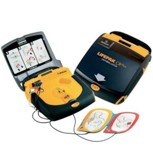 Automated External Defibrillator (AED) with first aid kit for sports emergencies.