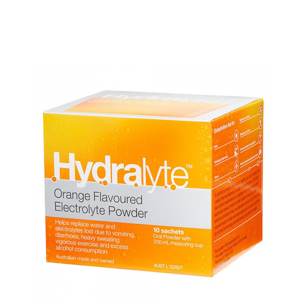 Hydralyte electrolyte powder for sport first aid kits, orange flavor, rehydrates athletes.
